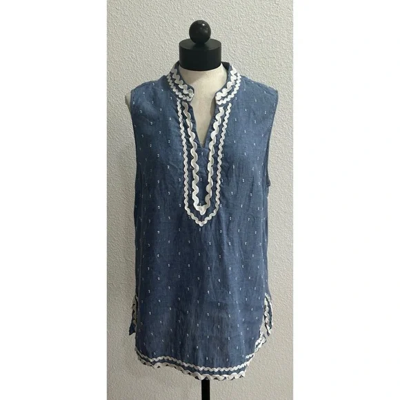 Charter Club Women’s Ric-Rac-Trim Linen Tunic Top Blue White Sleeveless Size XL - Picture 3 of 7